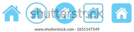 Set of blue home icons in various styles. Solid, outline, round and square formats. Ideal for design, real estate apps, dashboards, websites, and mobile navigation. Isolated vector illustration.