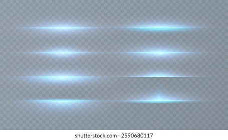 Set of blue horizontal glow bright lines of light laser in horizontal projection for vector illustration.