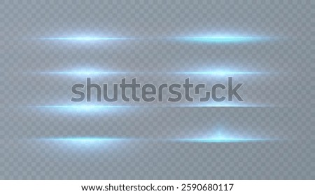 Set of blue horizontal glow bright lines of light laser in horizontal projection for vector illustration.