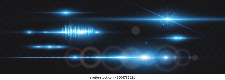 Set of blue horizontal glow effects resembling stars or suns with radiant highlights. Features light energy explosions and flares. Vector artwork ideal for digital, abstract, or futuristic designs.	