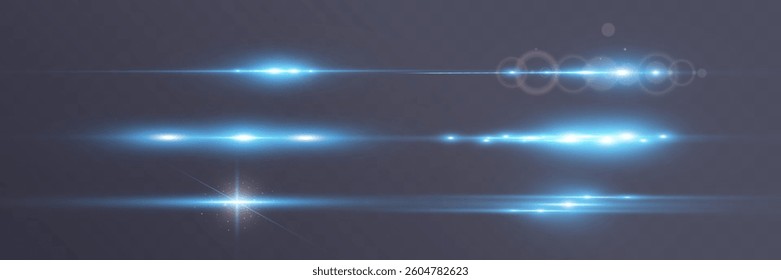 Set of blue horizontal glow effects resembling stars or suns with radiant highlights. Features light energy explosions and flares. Vector artwork ideal for digital, abstract, or futuristic designs.	