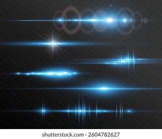 Set of blue horizontal glow effects resembling stars or suns with radiant highlights. Features light energy explosions and flares. Vector artwork ideal for digital, abstract, or futuristic designs.	