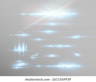 Set of blue horizontal glow effects resembling stars or suns with radiant highlights. Features light energy explosions and flares. Vector artwork ideal for digital, abstract, or futuristic designs.