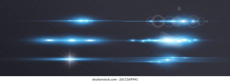 Set of blue horizontal glow effects resembling stars or suns with radiant highlights. Features light energy explosions and flares. Vector artwork ideal for digital, abstract, or futuristic designs.