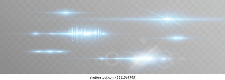 Set of blue horizontal glow effects resembling stars or suns with radiant highlights. Features light energy explosions and flares. Vector artwork ideal for digital, abstract, or futuristic designs.