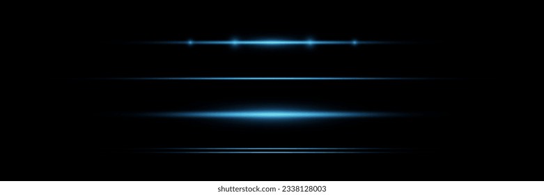 Set of blue horizontal glowing rays and glare of light, neon line on a black background. Vector illustration