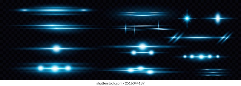 Set of blue horizontal highlights and glowing neon lines. Laser beams of light. Explosion of a light horizontal flash.On a transparent background.
