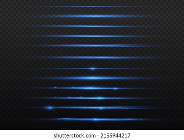 Set of blue horizontal highlights. Laser beams, horizontal beams of light. Beautiful light reflections. Glowing stripes on a light background. Glowing abstract sparkling background.