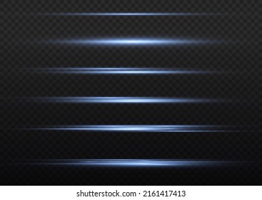 Set of blue horizontal highlights. Laser beams, horizontal beams of light. Beautiful light reflections. Glowing stripes on a light background. Glowing abstract sparkling background.