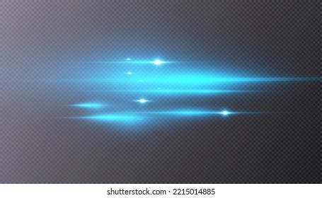 Set of blue horizontal highlights. Laser beams, horizontal light beams.Glowing stripes on a transparent background.