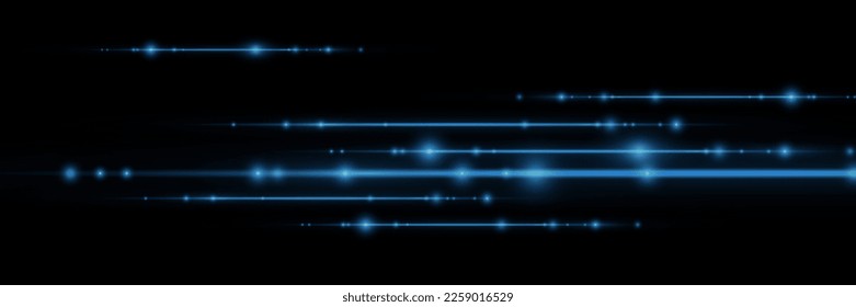 Set of blue horizontal highlights. Laser beams, horizontal light beams. Beautiful light flashes. Glowing stripes on a dark background. Glowing abstract glitter background with lined.