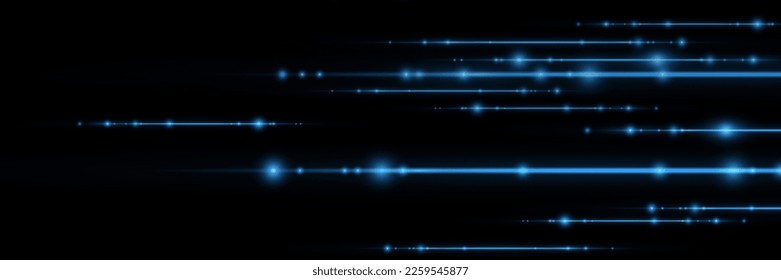Set von blauen horizontalen Highlights. Laserstrahlen, horizontale Lichtstrahlen. Schönes Licht blinkt. Glühende Streifen auf dunklem Hintergrund. Glühender abstrakter, glänzender Hintergrund mit ausgekleideten Bildern.