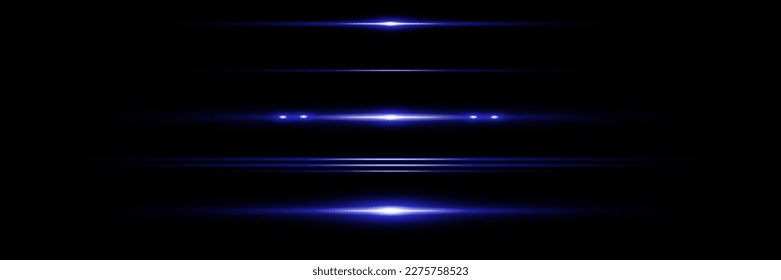 Set von blauen horizontalen Highlights. Laserstrahlen, horizontale Lichtstrahlen. Schönes Licht blinkt. Glühende Streifen auf dunklem Hintergrund.