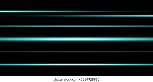 Set of blue horizontal highlights. Laser beams, horizontal light beams. Beautiful light flashes. Glowing stripes on a dark background.