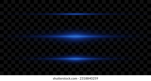 Set of blue horizontal highlights. Laser beams, horizontal light beams. Beautiful light flashes. Glowing stripes on a transparent background.