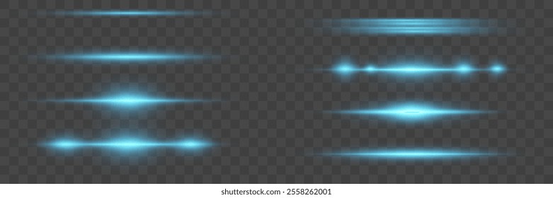 Set of blue horizontal highlights. Laser lines of light. Neon light glare.Vector illustration.