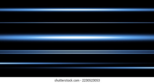 Set of blue horizontal highlights, lines. Laser beams, horizontal beams of light. Beautiful light flashes. Glowing stripes on a transparent background.