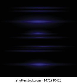 Set of blue horizontal lens flares pack. Laser beams, horizontal light rays.Beautiful light flares. Glowing streaks on dark background. Luminous abstract sparkling lined background. Vector eps 10