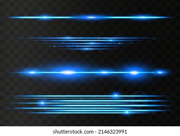 Set of blue horizontal lens flares pack. Abstract light flares, laser beams, sparkling lined, horizontal light rays. Vector illustration.