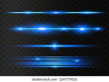 Set of blue horizontal lens flares pack. Abstract light flares, laser beams, sparkling lined, horizontal light rays. Vector illustration.