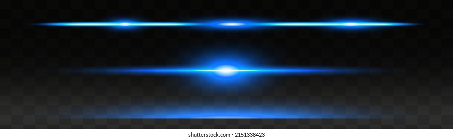 Set of blue horizontal lens flares pack. Abstract light flares, laser beams, sparkling lined, horizontal light rays. Vector illustration.