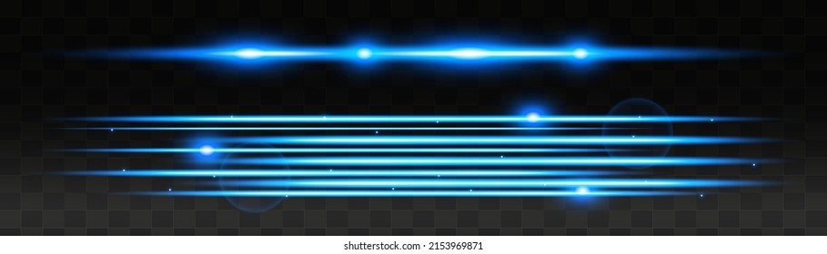 Set of blue horizontal lens flares pack. Abstract light flares, laser beams, sparkling lined, horizontal light rays. Vector illustration.