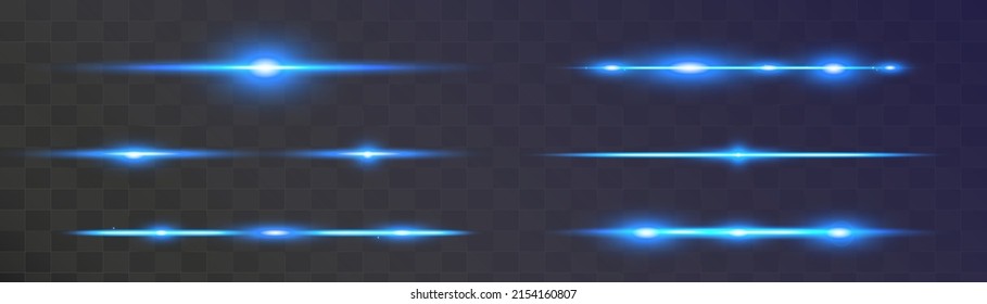 Set of blue horizontal lens flares pack. Abstract light flares, laser beams, sparkling lined, horizontal light rays. Vector illustration.