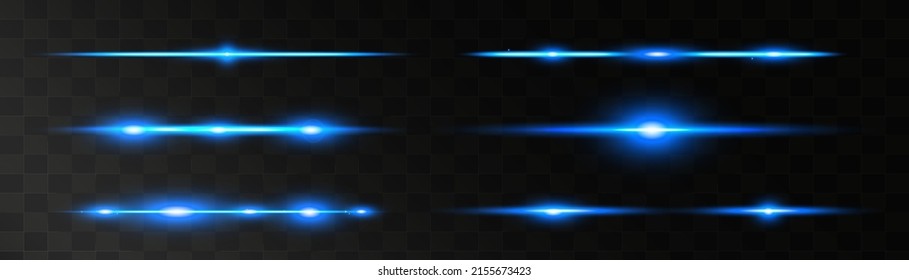 Set of blue horizontal lens flares pack. Abstract light flares, laser beams, sparkling lined, horizontal light rays. Vector illustration.
