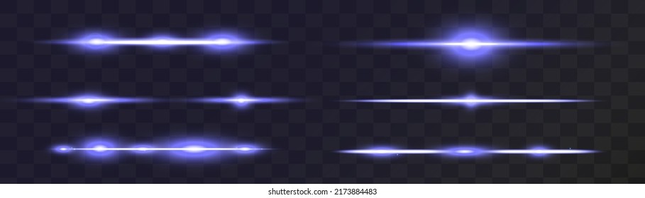 Paquete de bengalas horizontales de lente azul. Abstracto de bengalas luminosas, vigas láser, rayas brillantes, rayos de luz horizontales. Ilustración vectorial.