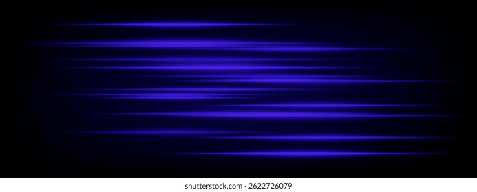 Conjunto de linhas de velocidade de néon horizontais azuis brilhando sobre fundo escuro. Feixes abstratos futuristas ideais para elementos de UI, efeitos digitais, projetos de tecnologia. Ilustração vetorial de EPS.