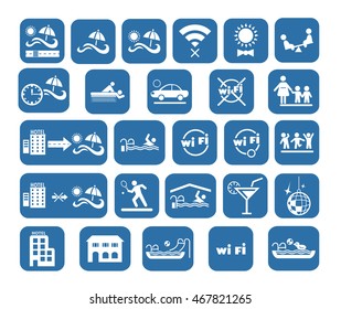 Set of blue hotel icons