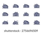 set of blue house icons, log cabin illustrations, home symbols