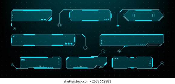 Set of blue hud frames for game interface. Futuristic vector digital elements and boxes. Sci-fi display concept design. Vector graphics.