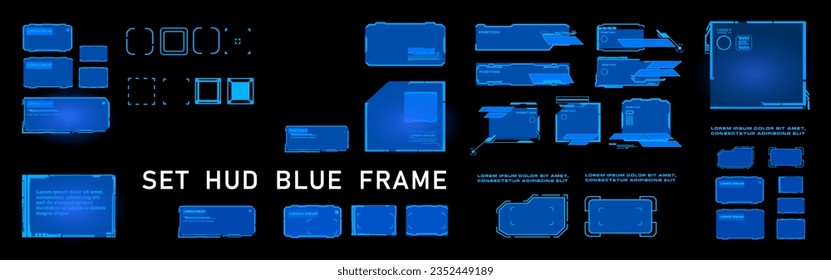 Set blue HUD frames. HUD user interface elements on black background. Futuristic interface with frames and dialog boxes. Set of modern vector neon frames
