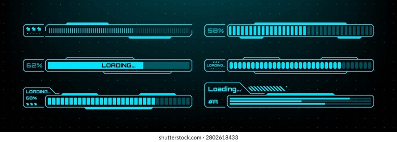 Set of blue hud loading bars with digital progress status. Futuristic interface elements for web application. Vector technology design asset for software development and user experience.