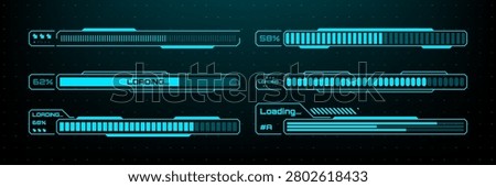 Set of blue hud loading bars with digital progress status. Futuristic interface elements for web application. Vector technology design asset for software development and user experience.