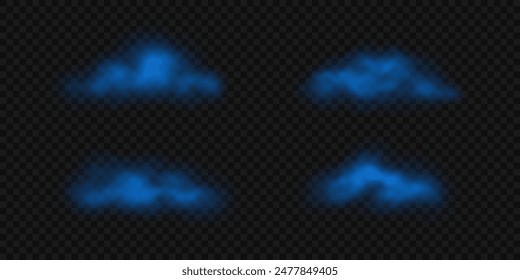 Set of blue ice freeze clouds, haze, fog. Realistic vector steam, creeping smoke on transparent background