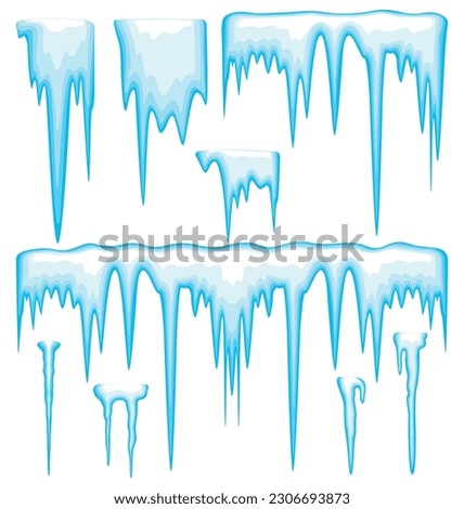 Set of blue icicles in cartoon style. Vector illustration of various shapes of cold, icy water icicles isolated on white background. Frozen icicles hanging down. Ice stalactite. Elements of winter.