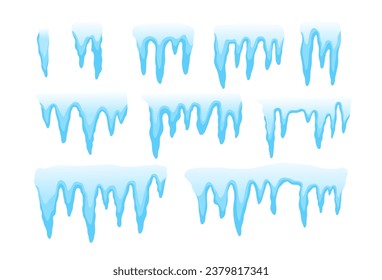 Set of blue icicles. Weather symbol. Vector illustration isolated on white background.