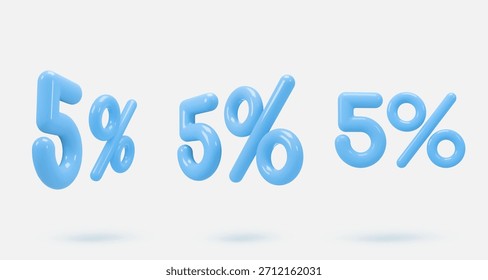 Establecer icono azul, 3d render cinco por ciento signo, 5%. Elemento de diseño realista. Ilustración vectorial aislada en azul para postal, iconos, póster, Anuncio, Web, diseño, artes. Venta del Black Friday
