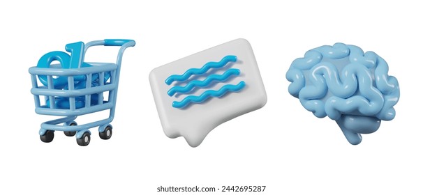 Conjunto de iconos azules en estilo 3D. Carro de la compra con números, signo de comentario, cerebro