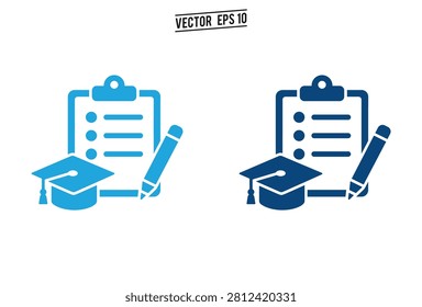 A set of blue icons featuring a graduation mortarboard hat alongside a clipboard checklist and pencil representing academic assessment and educational success