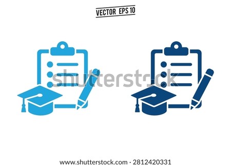 A set of blue icons featuring a graduation mortarboard hat alongside a clipboard checklist and pencil representing academic assessment and educational success