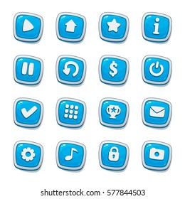 Set of blue icons isolated on white background for game user interface. Mobile app vector elements template.