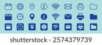 Set of blue icons on a light background. Includes calendar, clock, location, info, Wi-Fi, email, printer, folder. Icons for apps, web, design. Simple, blue, functional. User interface icon vector set.