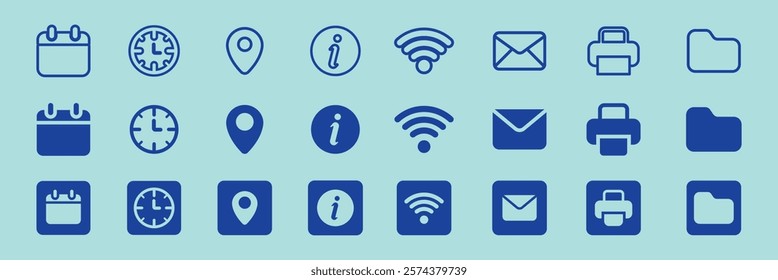 Set of blue icons on a light background. Includes calendar, clock, location, info, Wi-Fi, email, printer, folder. Icons for apps, web, design. Simple, blue, functional. User interface icon vector set.