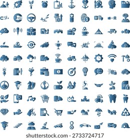 A set of blue icons on a pure white background, featuring various symbols for business and technology, including objects and actions in a detailed and organized style with blue color and specific comp