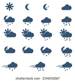 A set of blue icons, on the theme of the weather, in vector.