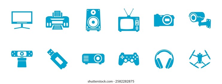 set of blue icons representing various modern electronic devices and technologies.