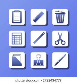 Un conjunto de iconos azules con una Regla, tijeras y una calculadora